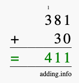 Calculate 381 + 30 using long addition