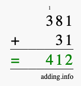 Calculate 381 + 31 using long addition