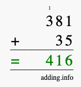 Calculate 381 + 35 using long addition