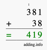 Calculate 381 + 38 using long addition
