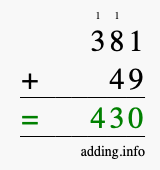 Calculate 381 + 49 using long addition