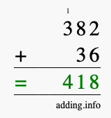 Calculate 382 + 36 using long addition