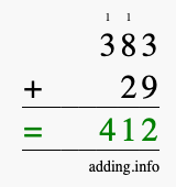 Calculate 383 + 29 using long addition