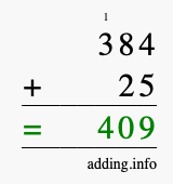 Calculate 384 + 25 using long addition