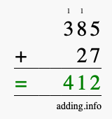 Calculate 385 + 27 using long addition