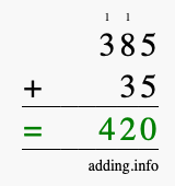 Calculate 385 + 35 using long addition