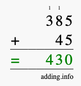 Calculate 385 + 45 using long addition