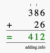 Calculate 386 + 26 using long addition