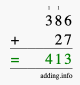 Calculate 386 + 27 using long addition
