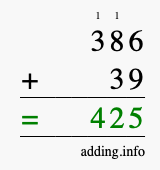 Calculate 386 + 39 using long addition