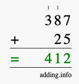 Calculate 387 + 25 using long addition