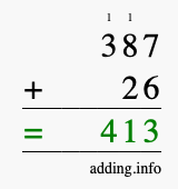 Calculate 387 + 26 using long addition