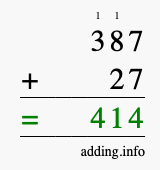 Calculate 387 + 27 using long addition