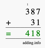 Calculate 387 + 31 using long addition