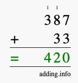 Calculate 387 + 33 using long addition
