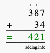 Calculate 387 + 34 using long addition