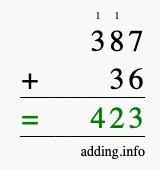 Calculate 387 + 36 using long addition