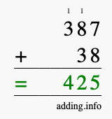 Calculate 387 + 38 using long addition