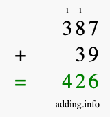 Calculate 387 + 39 using long addition