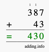 Calculate 387 + 43 using long addition