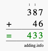 Calculate 387 + 46 using long addition