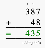 Calculate 387 + 48 using long addition
