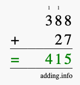 Calculate 388 + 27 using long addition