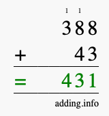 Calculate 388 + 43 using long addition