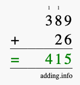 Calculate 389 + 26 using long addition