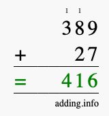 Calculate 389 + 27 using long addition