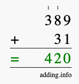 Calculate 389 + 31 using long addition