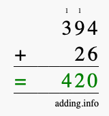 Calculate 394 + 26 using long addition
