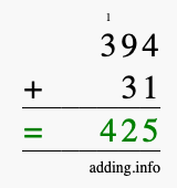 Calculate 394 + 31 using long addition