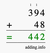Calculate 394 + 48 using long addition
