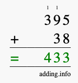 Calculate 395 + 38 using long addition