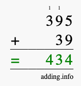 Calculate 395 + 39 using long addition