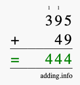 Calculate 395 + 49 using long addition