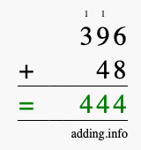 Calculate 396 + 48 using long addition