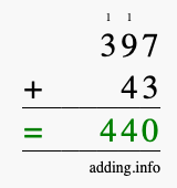 Calculate 397 + 43 using long addition