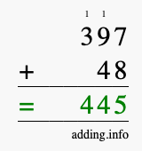 Calculate 397 + 48 using long addition