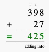 Calculate 398 + 27 using long addition