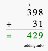 Calculate 398 + 31 using long addition