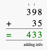 Calculate 398 + 35 using long addition