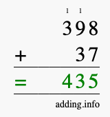 Calculate 398 + 37 using long addition