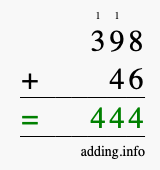 Calculate 398 + 46 using long addition