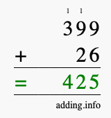 Calculate 399 + 26 using long addition