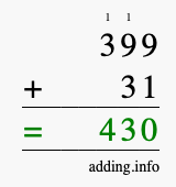 Calculate 399 + 31 using long addition
