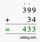 Calculate 399 + 34 using long addition