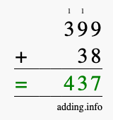 Calculate 399 + 38 using long addition