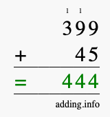 Calculate 399 + 45 using long addition